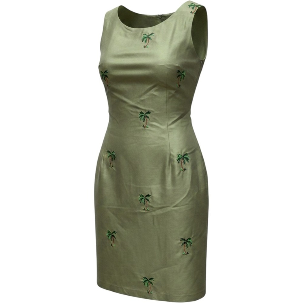 Bobbie Bee 100% Silk Palm Tree Embroidered Sheath Dress Sage Green Size 14